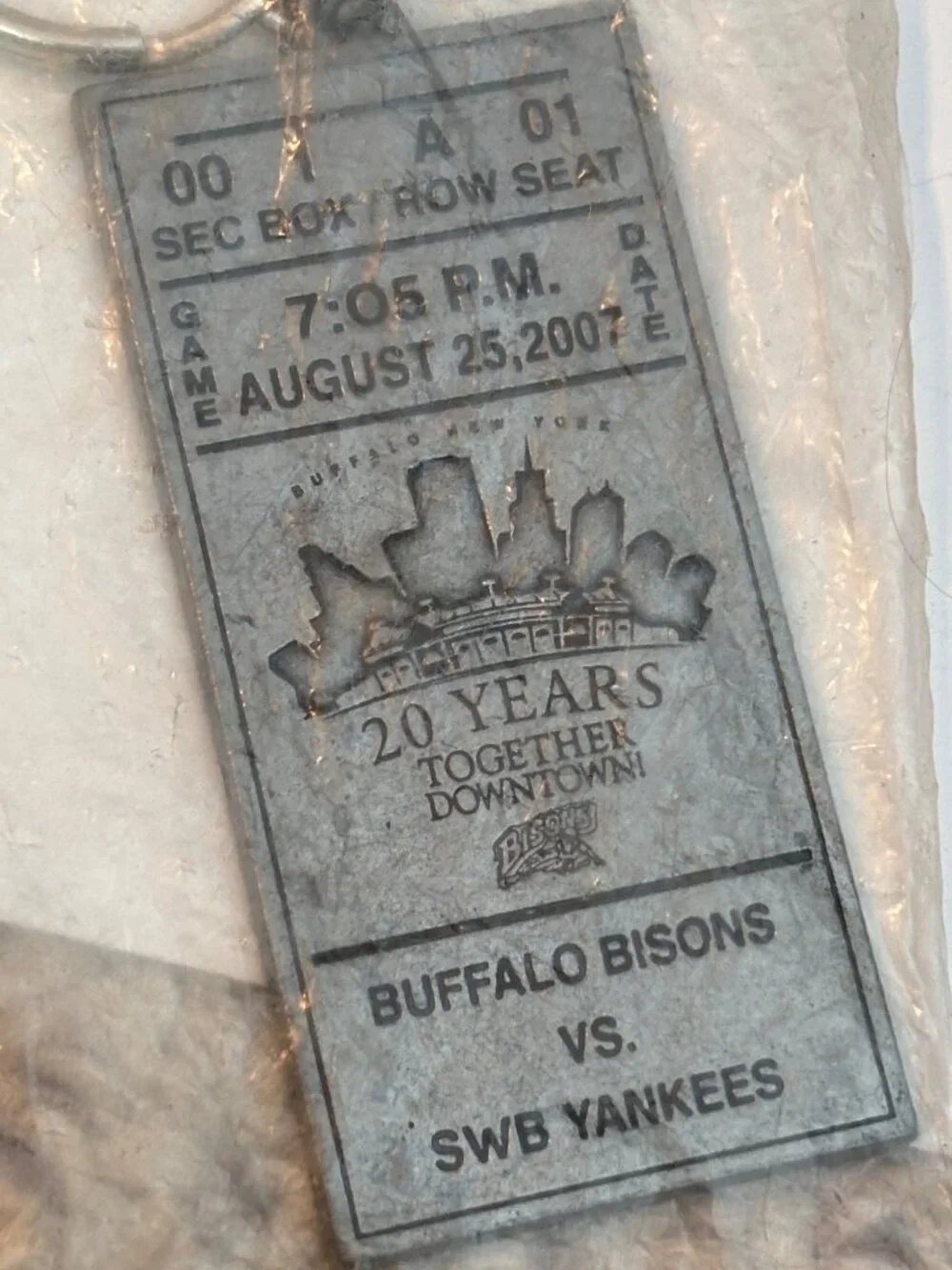 Buffalo Bisons Vs. SWB Yankees 2007 Commemorative Keychain Ticket Design 20 Year